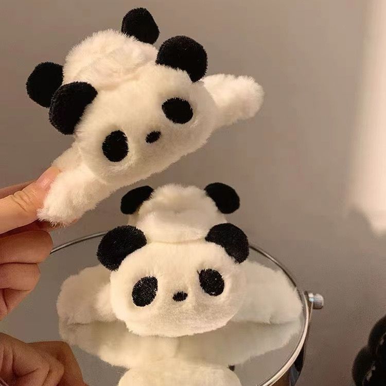 可爱熊猫毛绒抓夹女后脑勺发夹卡通夹子盘发鲨鱼夹发饰头饰秋冬女