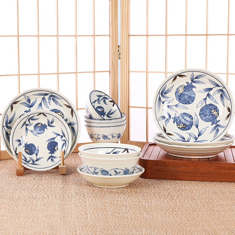 有谷窑日式金石榴釉下彩碗盘餐具田园风蓝染工艺陶瓷汤盆盘子碗碟