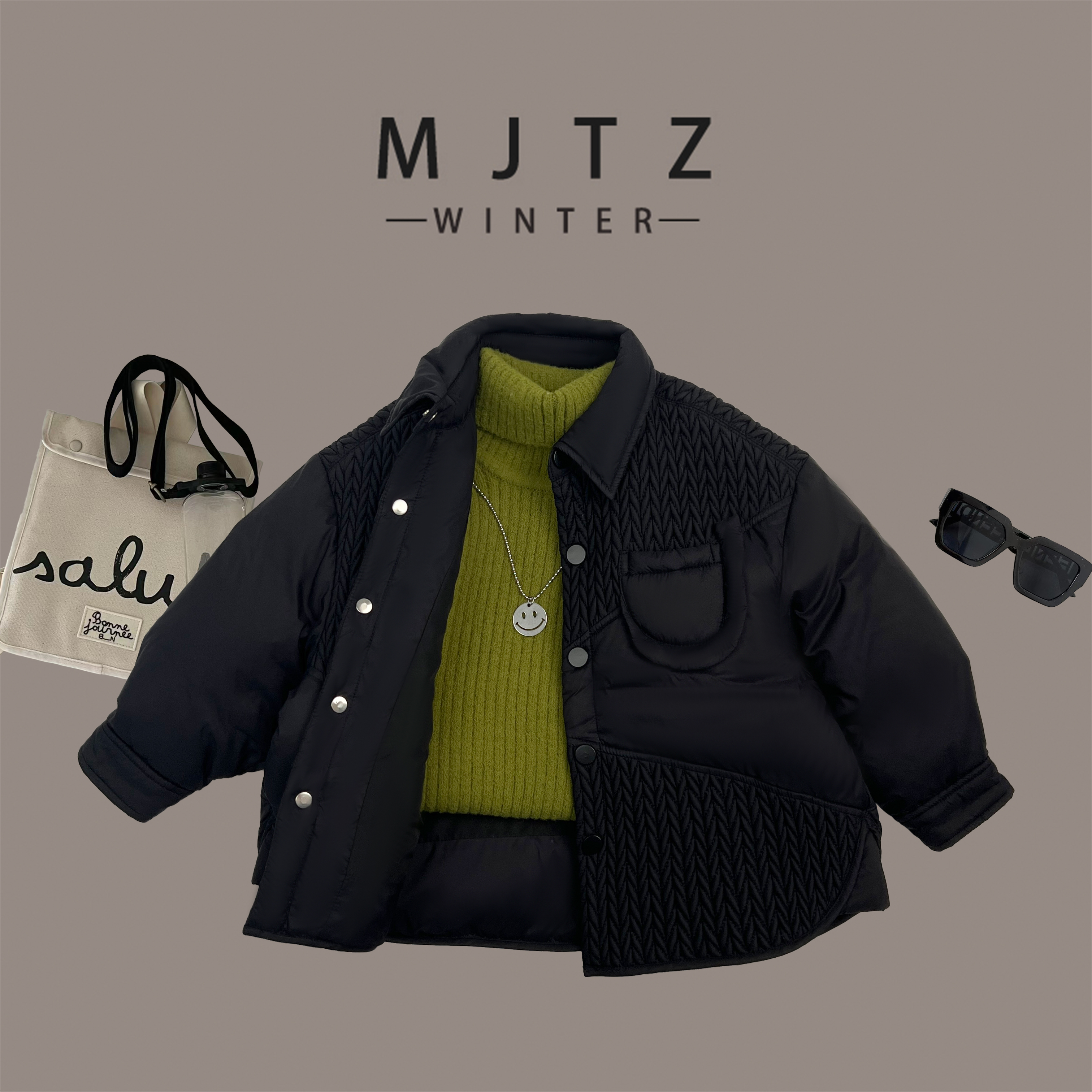 2025秋冬季设计师款潮酷时尚黑色绗棉拼接轻薄羽绒服MJ 1011