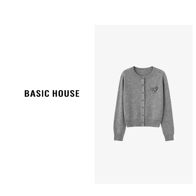Basic House/百家好miu系灰色针织衫女2024秋季圆领长袖羊毛衫