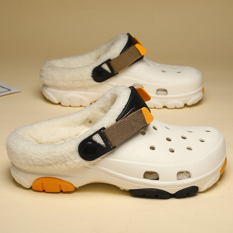 跨境大码情侣款洞洞鞋冬季加绒保暖棉拖户外透气防滑男女棉鞋新款