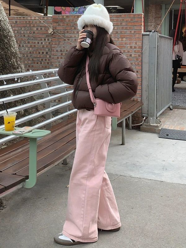 反季咖色立领羽绒服女短款小个子2023年冬季加厚高腰肯豆风面包服