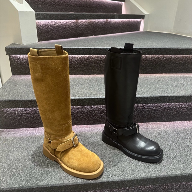 波斐女鞋2024秋冬新款真皮带扣高筒靴英伦时尚骑士靴756-758