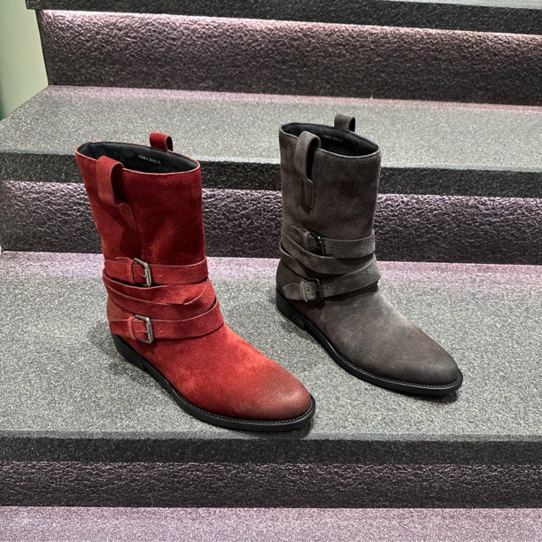 波斐2024英伦磨砂真皮短筒马丁靴女粗跟皮带扣西部牛仔011-012
