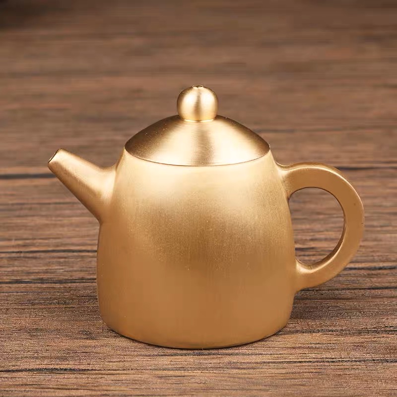 纯黄铜仿古拉丝高脚小茶壶办公室家居禅意套装装饰品工艺品摆件