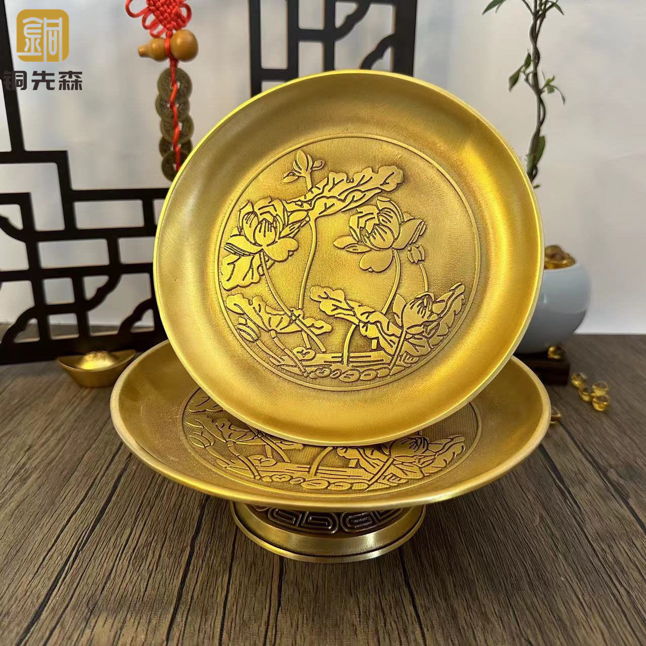 供果盘佛前家用供奉水果盘福字莲花黄铜摆件佛堂用品佛具供奉贡盘