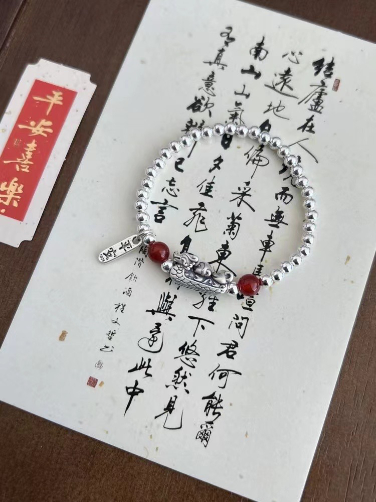 925银手链 925纯银光珠平安三合足银999龙猴鼠手链，搭配925平安牌