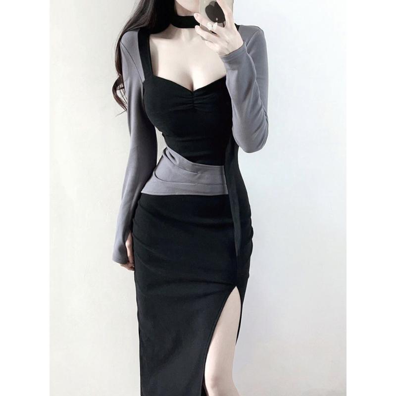辣妹纯欲方领挂脖开叉连衣裙女秋冬冬季后妈包臀裙收腰显瘦长裙子