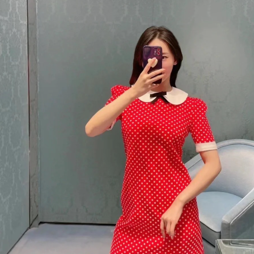 未使用 MIU MIU/缪缪 波点娃娃领连衣裙红色