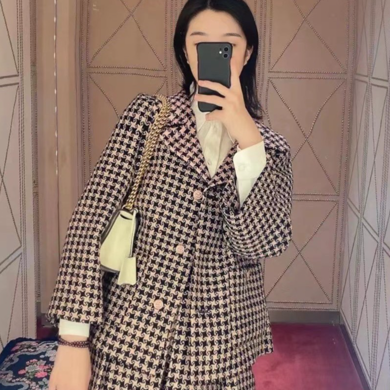 全新未使用 GUCCI/古驰 千鸟格春秋女士外套休闲经典格子外套上衣