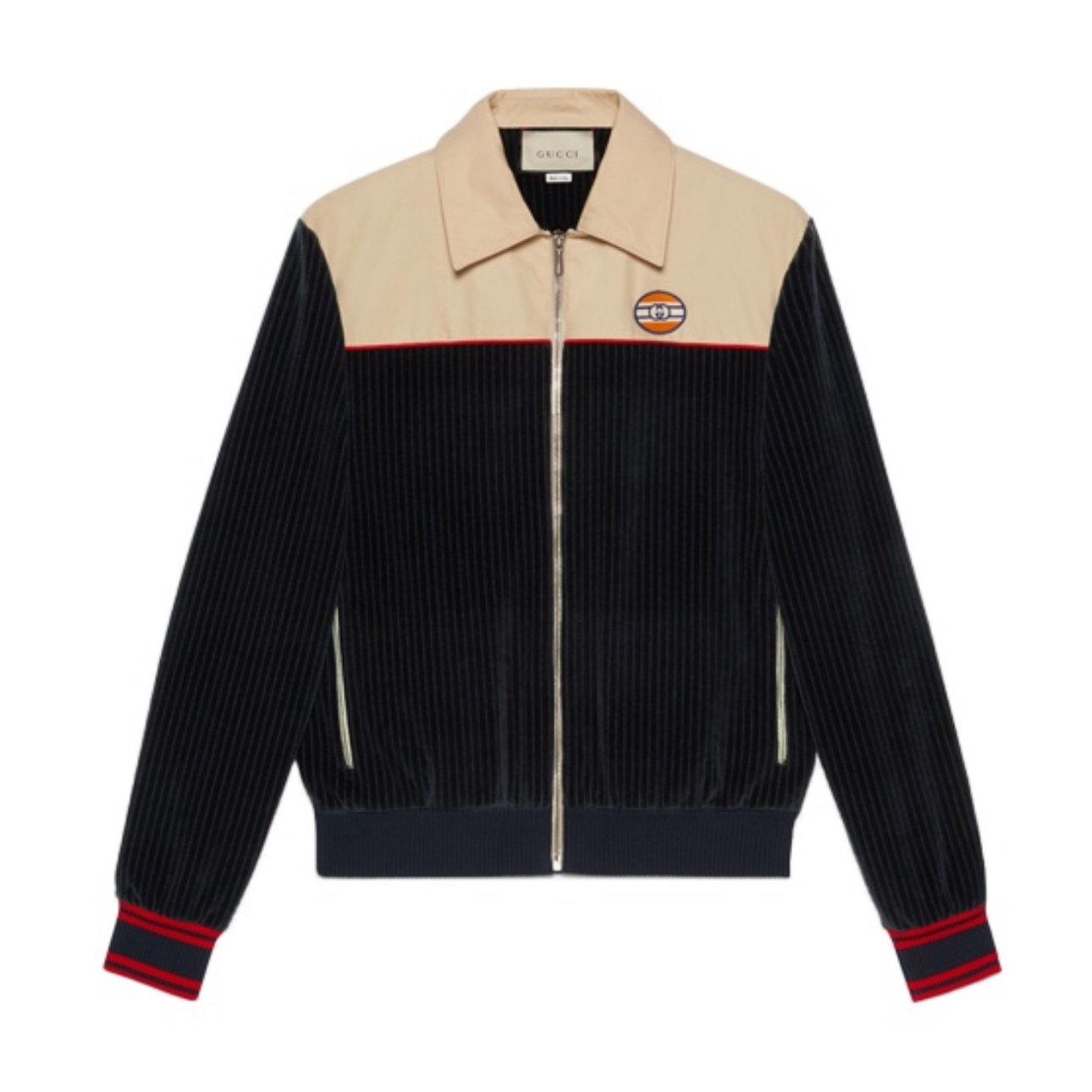 全新未使用 GUCCI/古驰 剪标罗纹棉天鹅绒拉链剪标翻领夹克外套