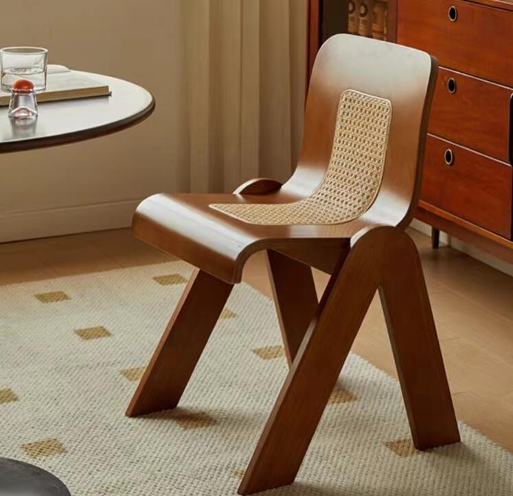 侘寂风设计师中古C椅复古藤编家用办公卧室法式轻奢实木靠背餐椅