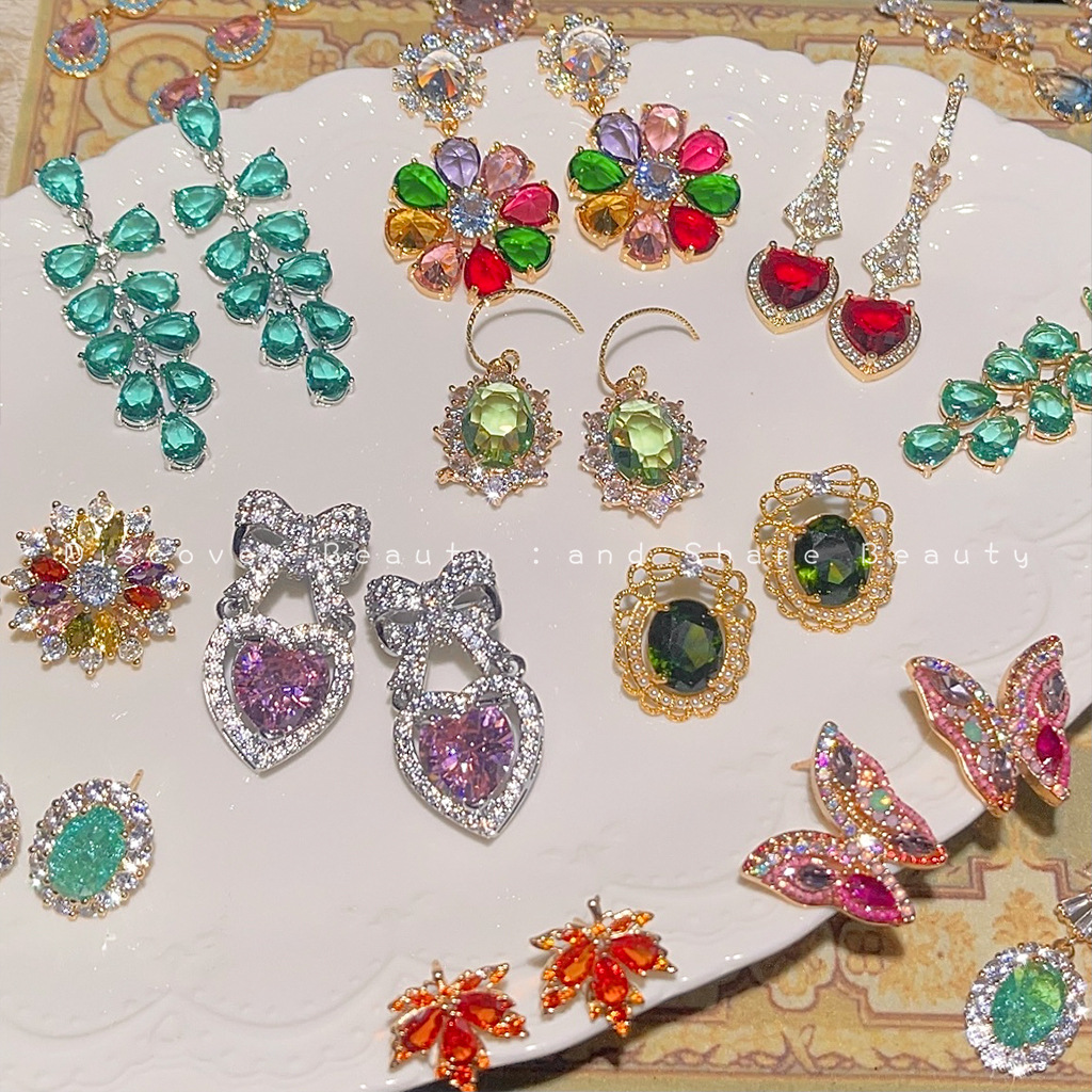 铜合金耳饰 高级感重工彩宝锆石耳环小众复古设计感长款耳钉百搭 