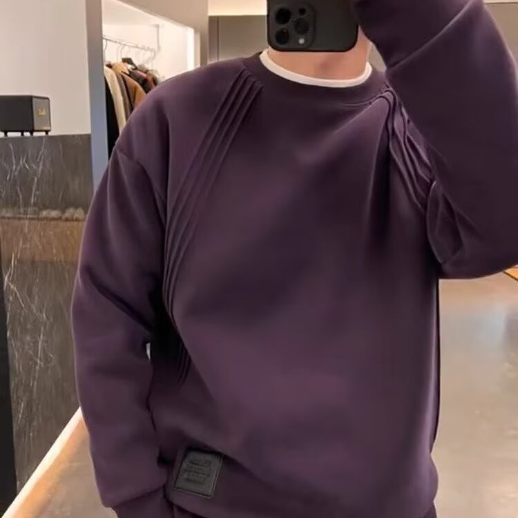 重磅圆领卫衣男士春秋款2024新款潮宽松设计感打底衫男款秋季上衣