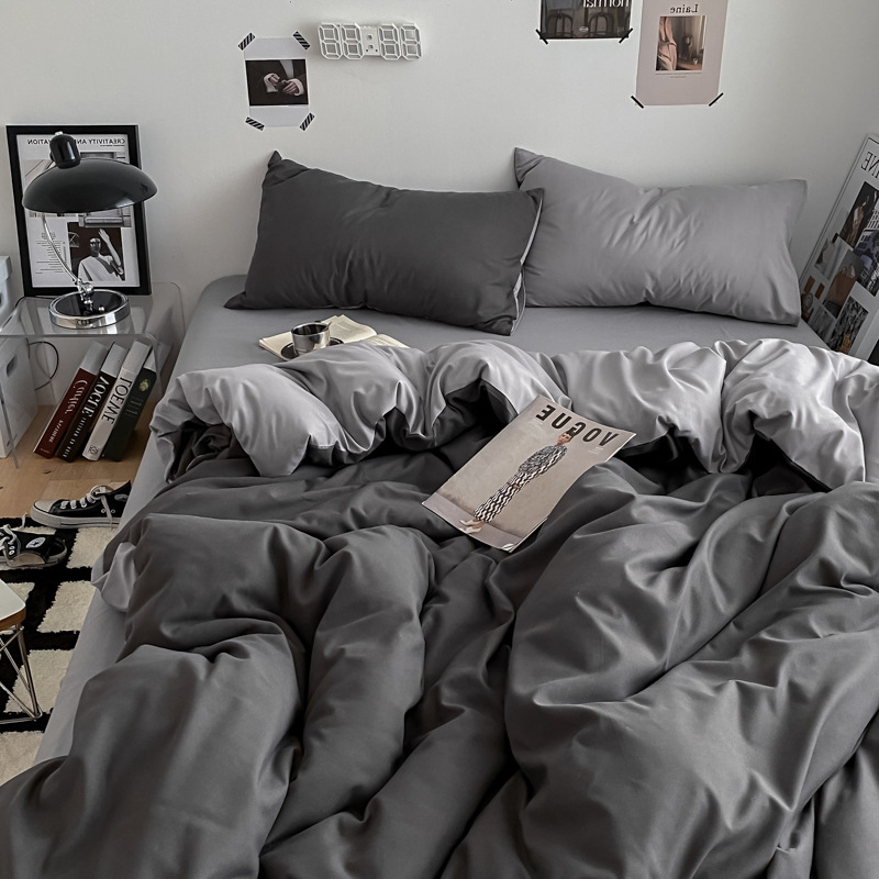 新款ins风四件套纯色轻奢水洗床单被套纯色双拼简约床上三件套