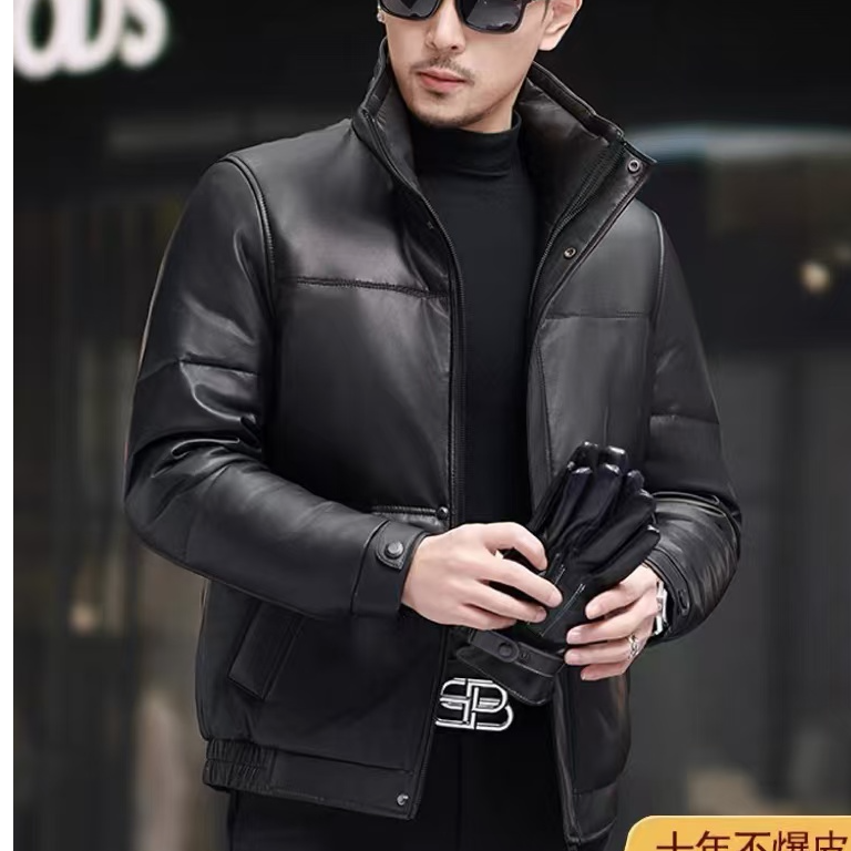 海宁真皮羽绒服男士短款皮衣修身白鹅绒立翻领皮夹克软皮外套潮