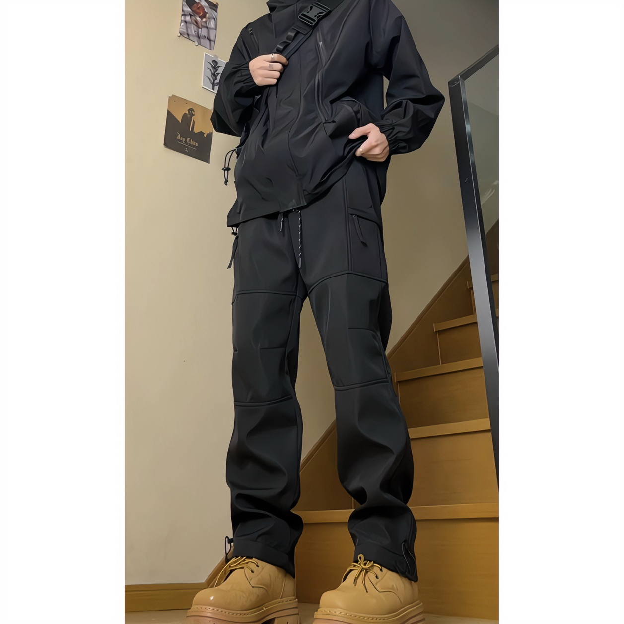 美式机能黑色冲锋裤男款冬季加绒宽松束脚裤子防风防水户外登山裤