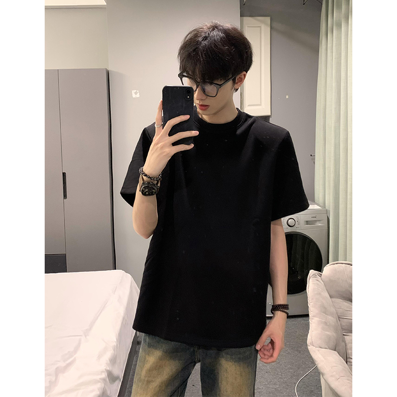 小领口纯色短袖男夏季cleanfit黑色t恤潮牌重磅美式纯棉打底衫男