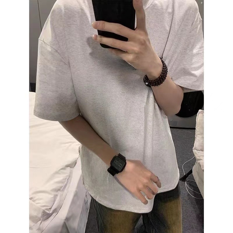 美式复古花灰色t恤男夏季纯棉cleanfit短袖重磅高街小领口5分半袖