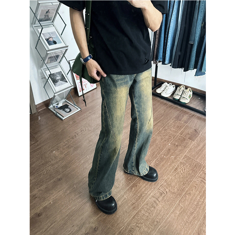 美式复古拼接微喇牛仔裤男夏季薄款高街潮牌水洗渐变直筒休闲裤子