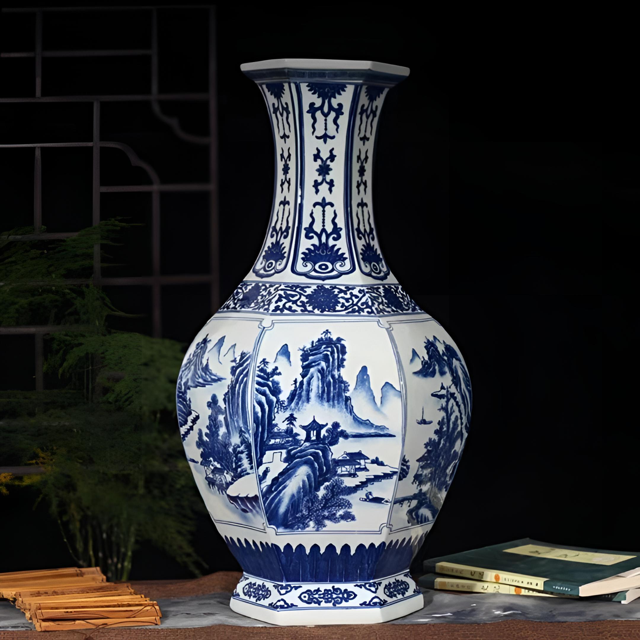 大号青花山水六方瓶景德镇陶瓷中式家居摆件