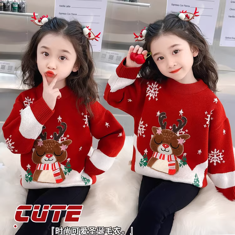 女童毛衣2023新款女宝宝洋气圣诞节套头红色小女孩打底毛线衣热卖