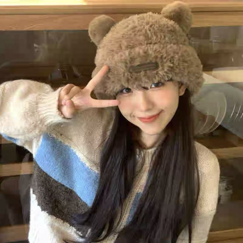 可爱小熊帽子女秋冬季新款百搭保暖毛线帽2023爆款灰色护耳针织帽