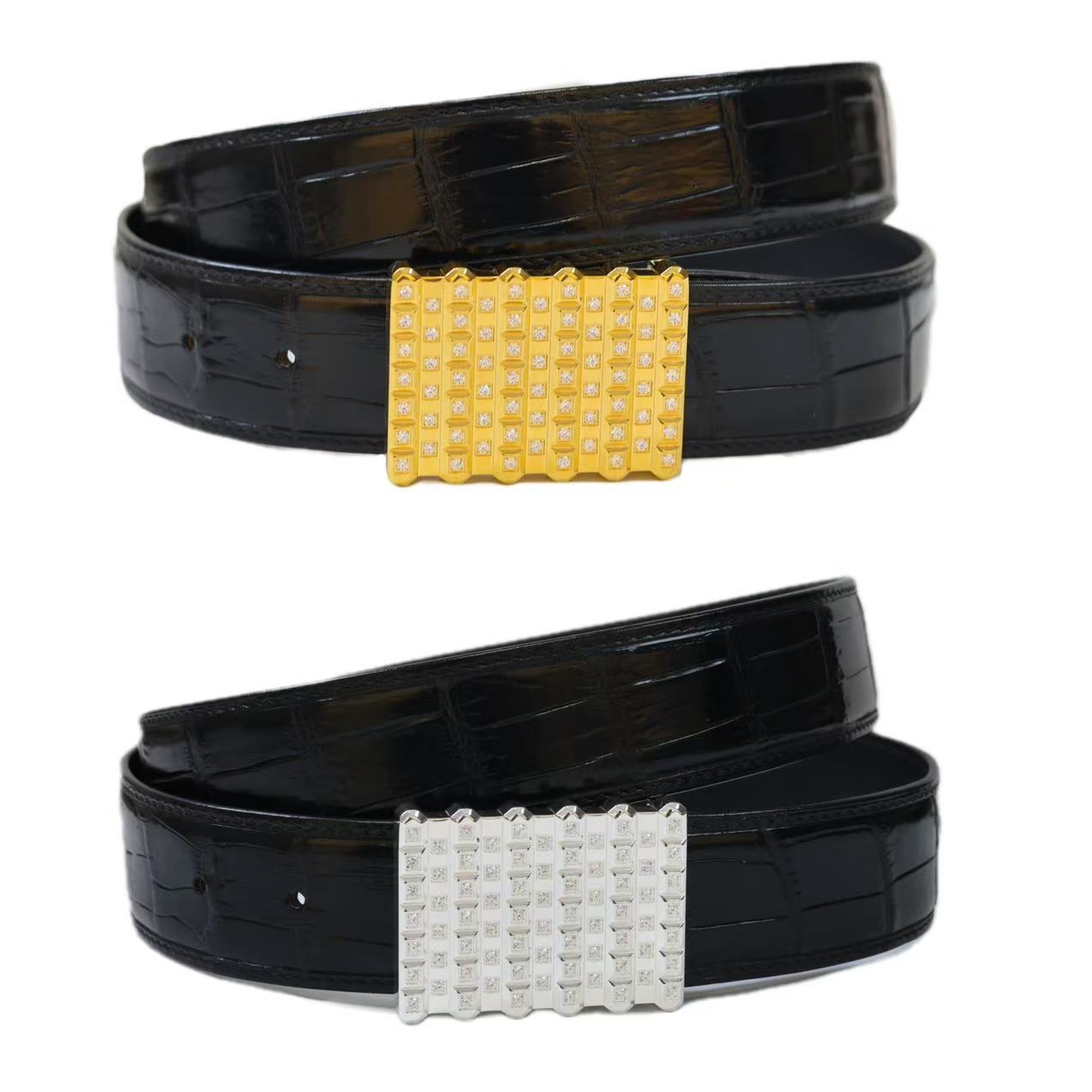 史蒂芬皮带金算盘扣配鳄鱼皮3.8宽打眼镶钻真皮裤腰带鳄鱼皮腰带