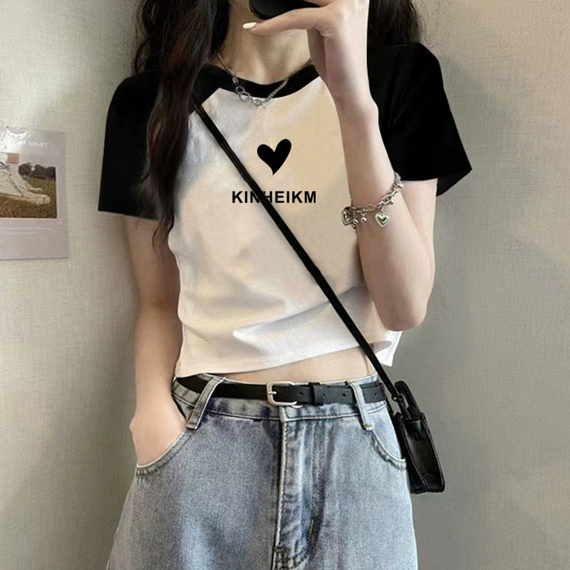 漏肚脐短款上衣女夏季薄款ins小个子短袖露肚宽松纯棉白色t恤撞色