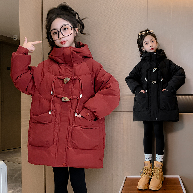 女童棉衣2023年冬季新款洋气时尚韩版保暖中大童半月扣连帽棉服潮