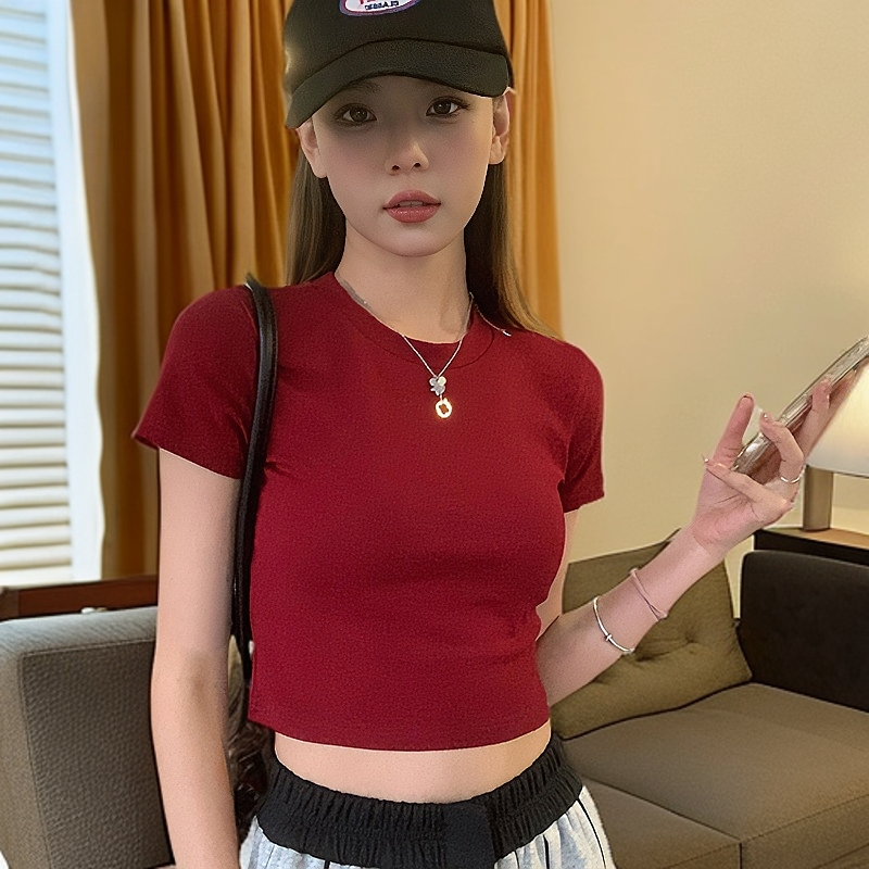 红色短袖t恤女高腰短款紧身辣妹上衣夏季新款修身百搭正肩体恤ins