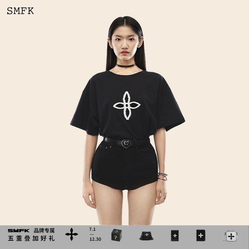 SMFK新款黑色T恤短袖Tee CT002BOG 十字印花廓形男女百搭时尚休闲