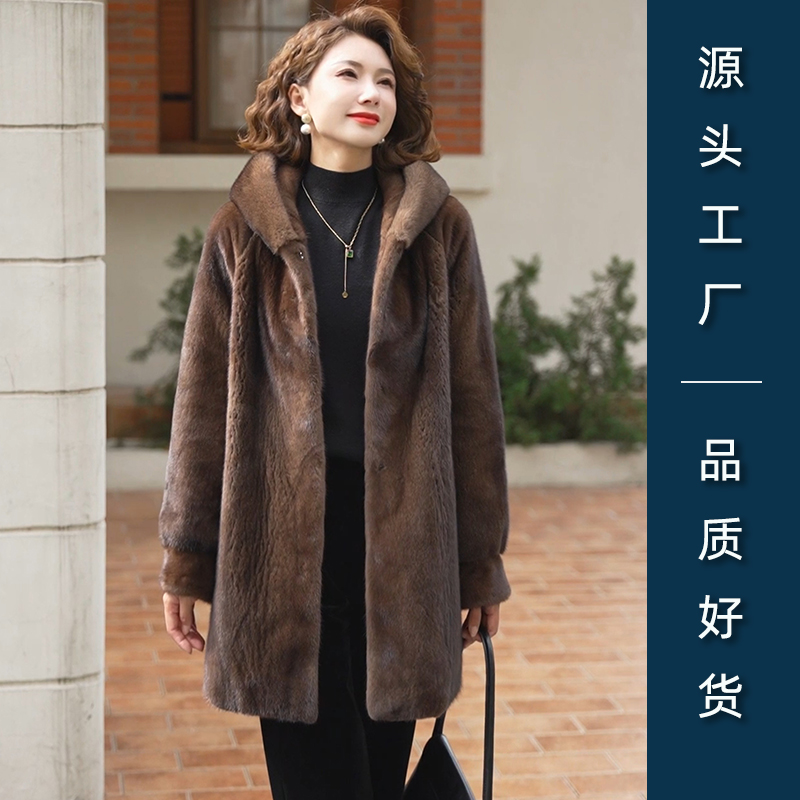 年冬季新款海宁水貂皮草大衣整貂中长款带帽时尚洋气加厚外套
