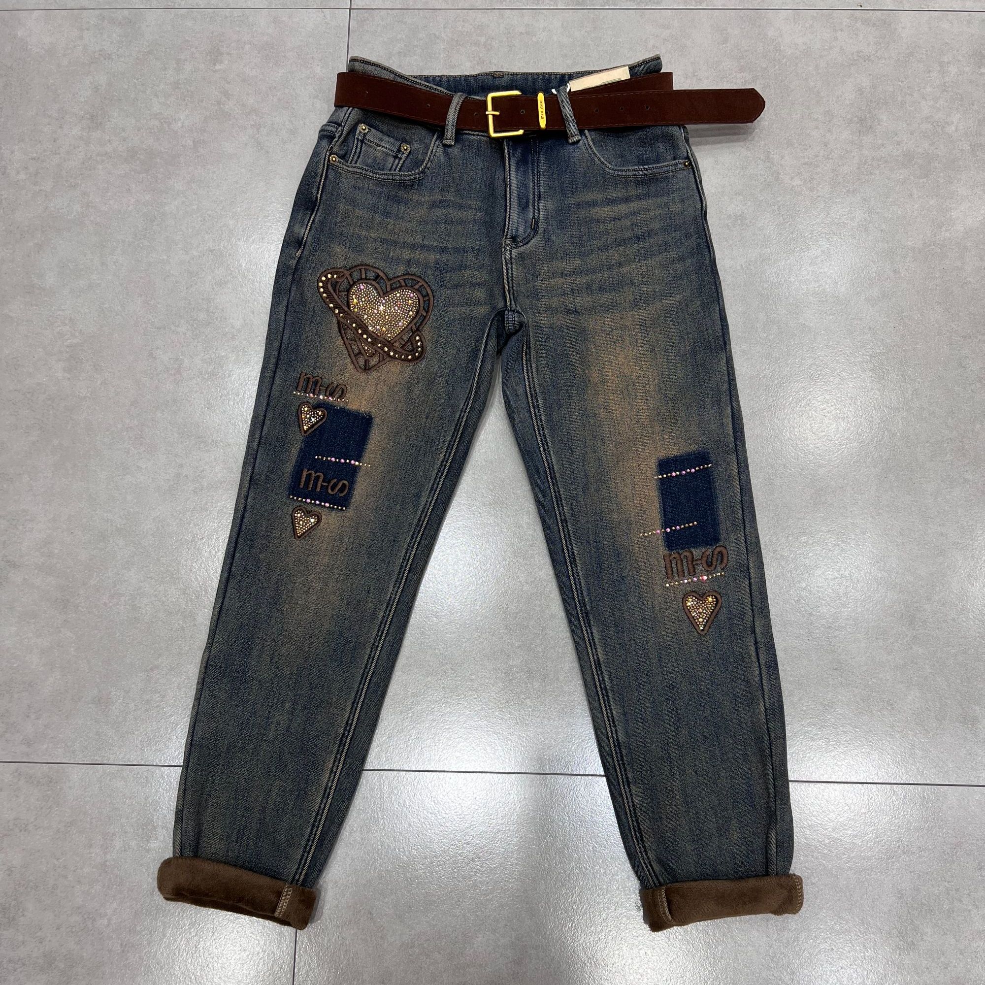 【廷轩】109-1冬装加厚加绒水洗显瘦百搭弹性烫钻刺绣女牛仔长裤