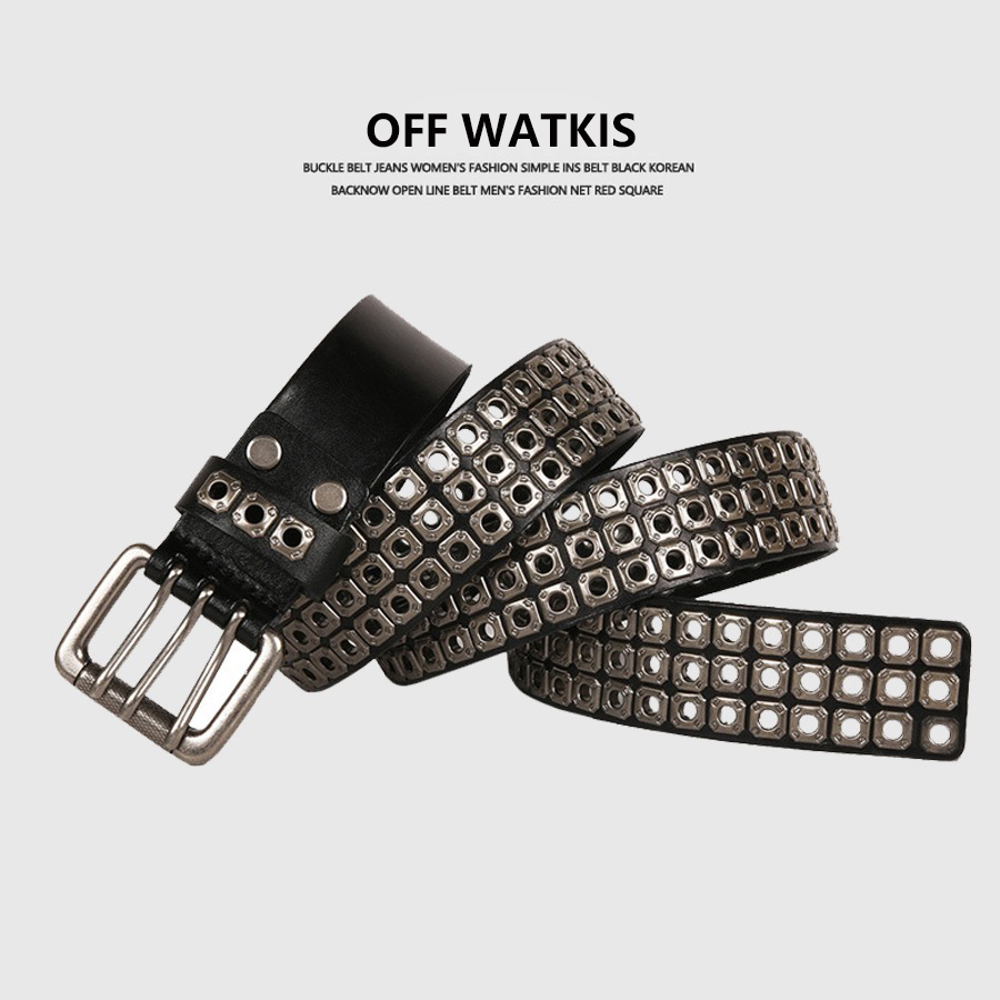 重工铆钉黑色真皮腰带牛皮皮带男女士针扣新款朋克风2025潮流装饰