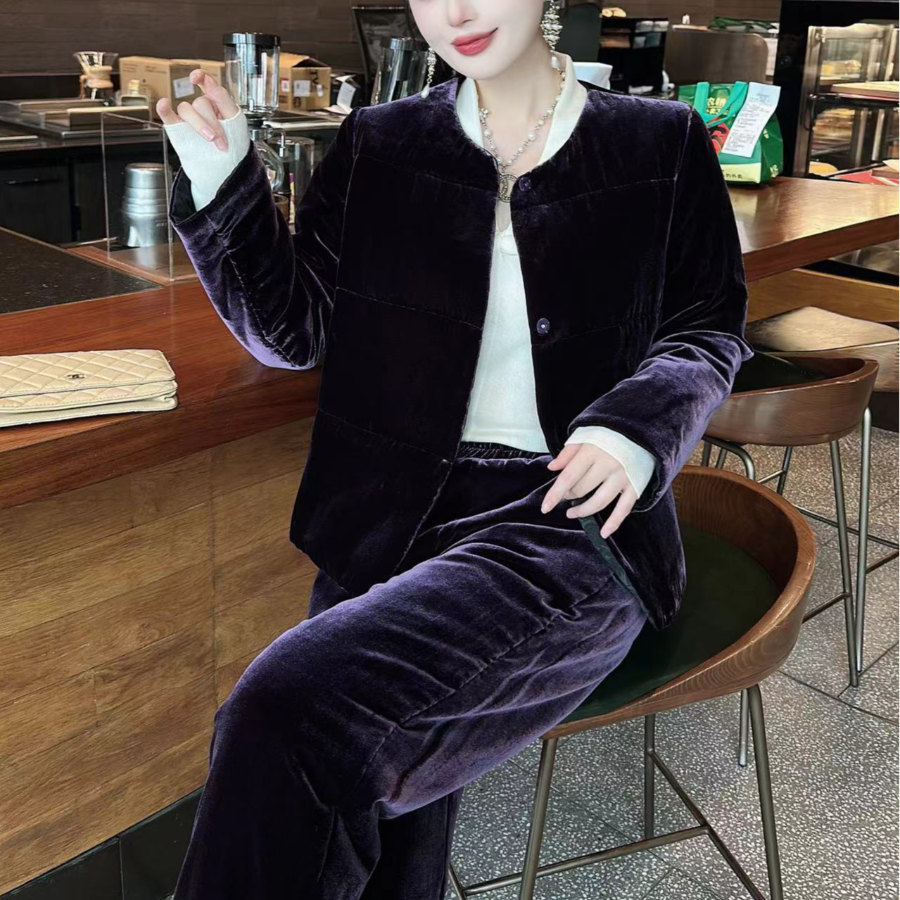 真丝丝绒棉衣女桑蚕丝圆领棉服加棉新中式显白经典百搭休闲外套