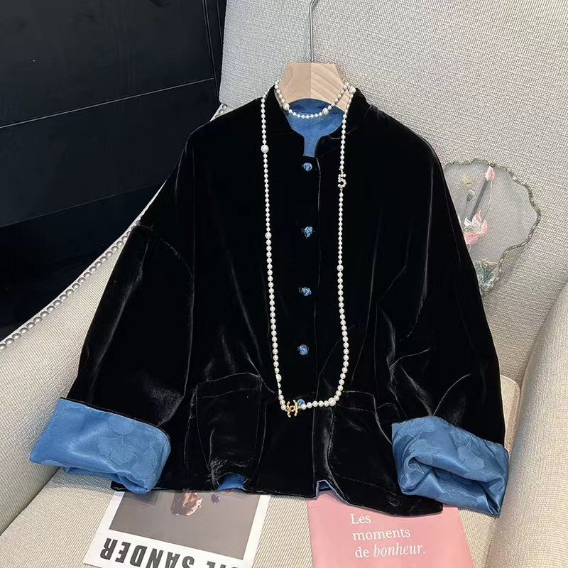 【银杏】真丝丝绒黑色外套上衣女新中式立领高级感气质外套上衣