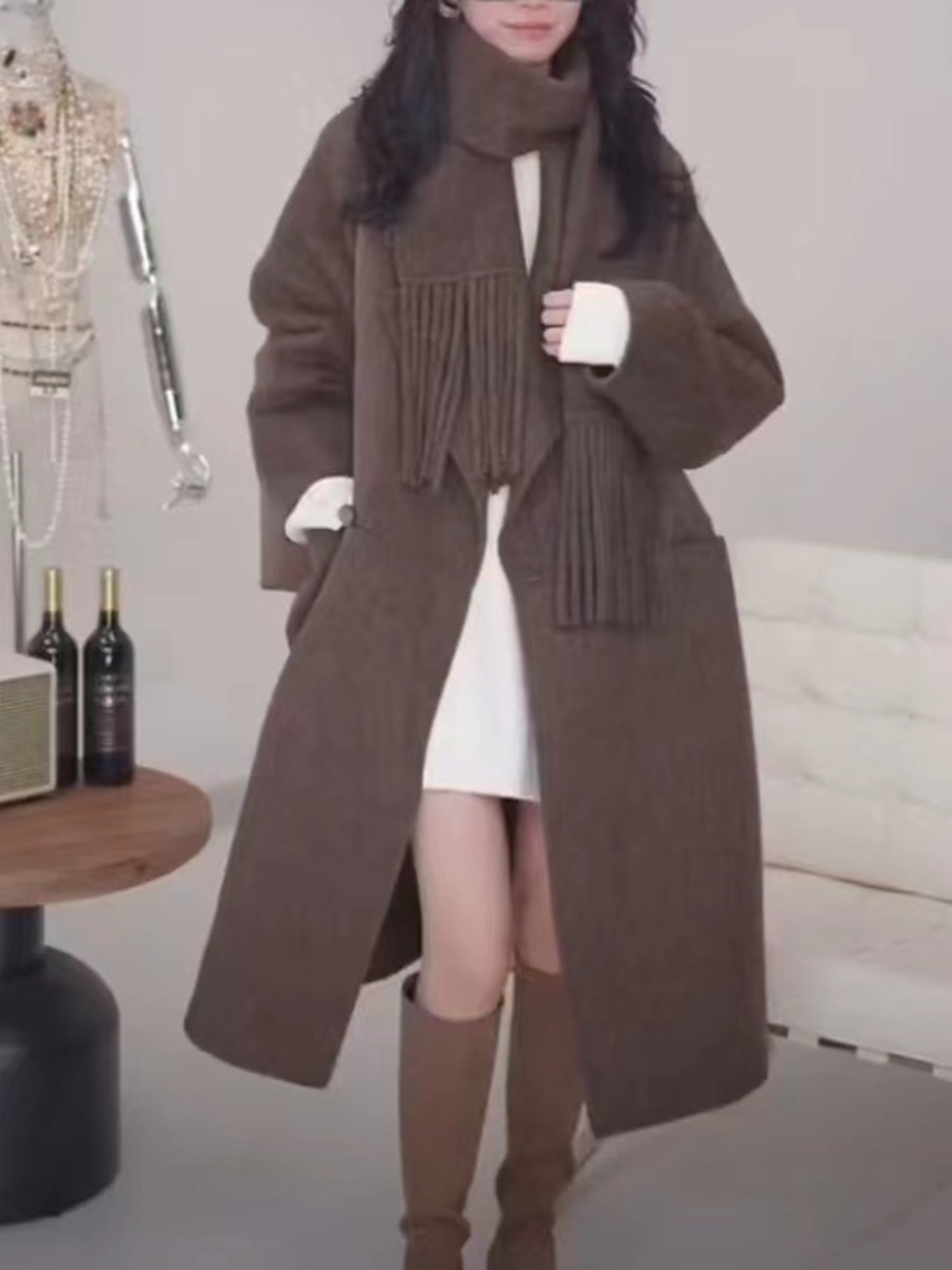 2023年秋季新款慵懒风双面大衣流苏牛角扣气质毛呢外套女大衣外套