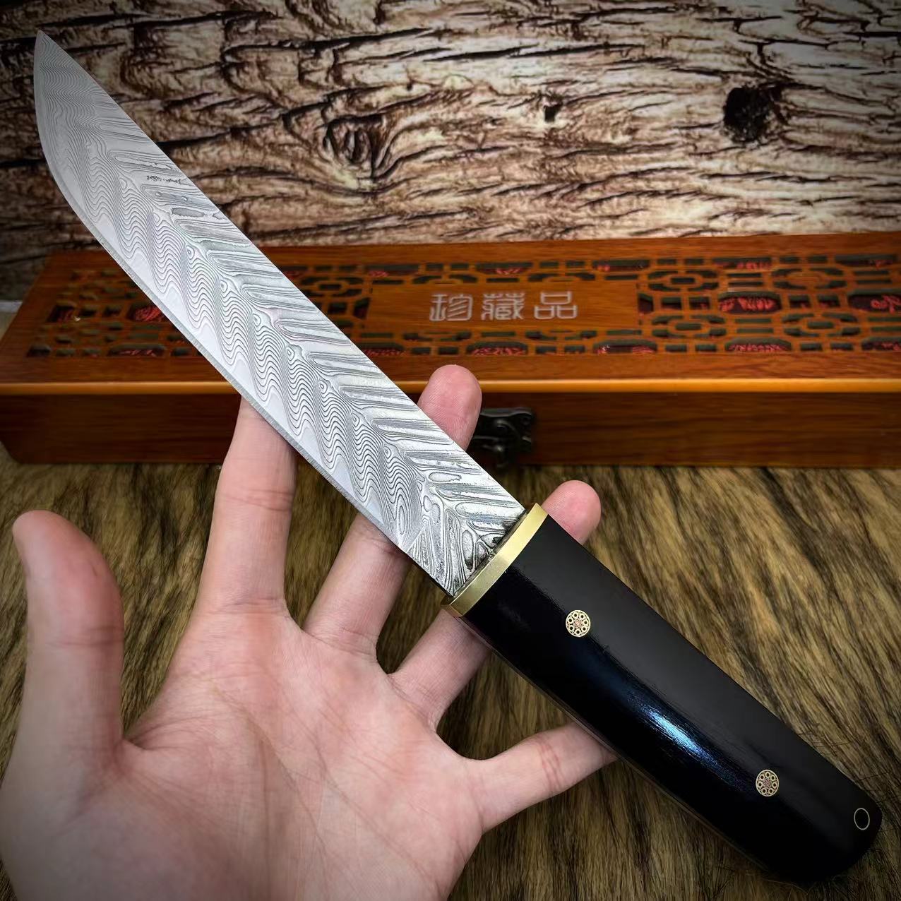 【高工款】莫桑比克特级紫光檀大马士革钢鱼骨纹露营户外刀
