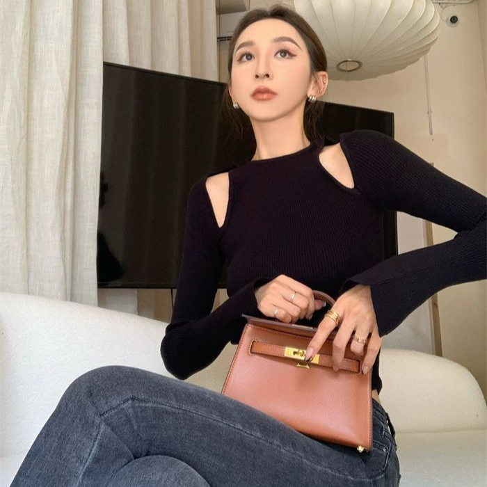 黑色露肩长袖打底女秋甜辣妹镂空内搭修身紧身短上衣百搭气质显瘦