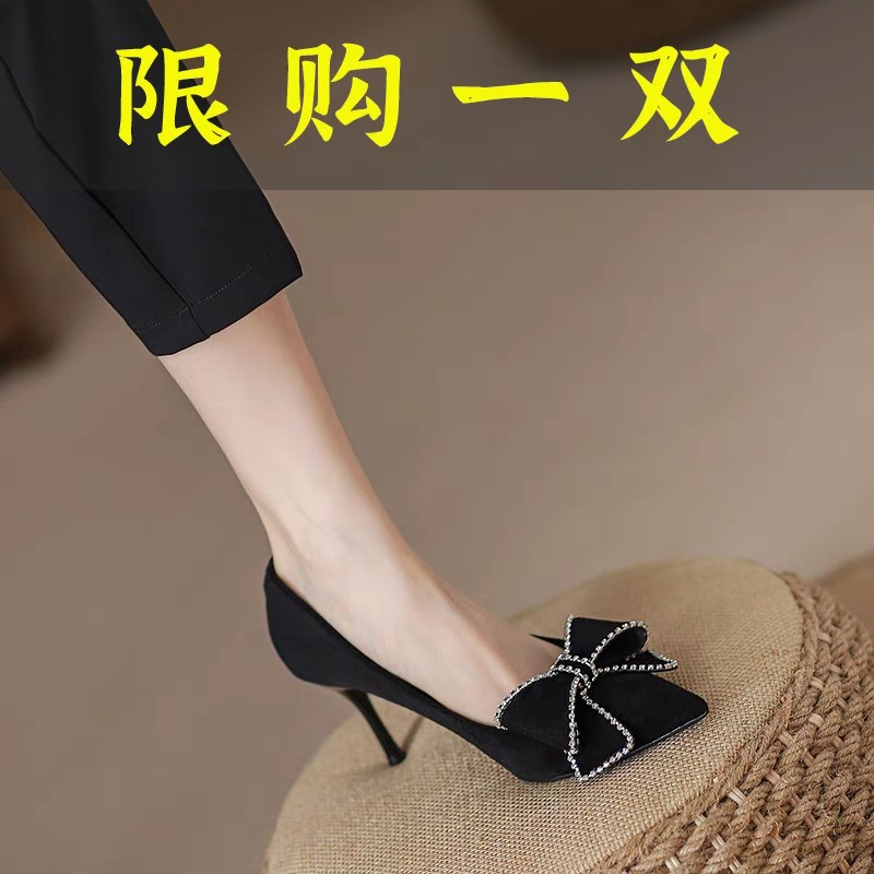 红蜻蜓牌蝴蝶结高跟鞋女不累脚2023秋季新款黑色细跟尖头气质百