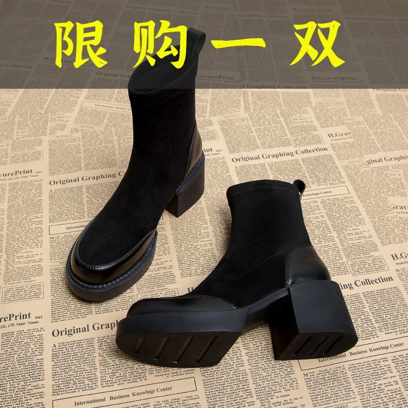 红蜻蜓牌真皮高跟短靴马丁靴子女粗跟2023新款秋冬季女春秋单靴