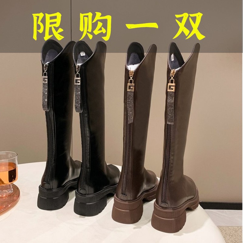 红蜻蜓牌小妍推荐小个子高级纳帕纹长靴粗跟高筒超显瘦单里骑士