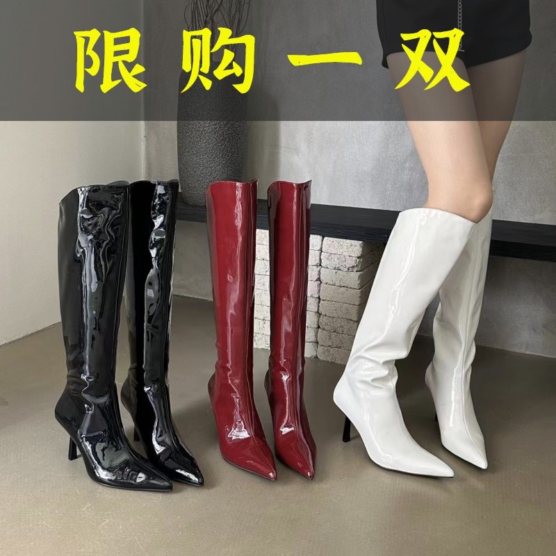 红蜻蜓牌欧美风尖头漆皮过膝靴女2023秋季网红高跟细跟后拉链瘦