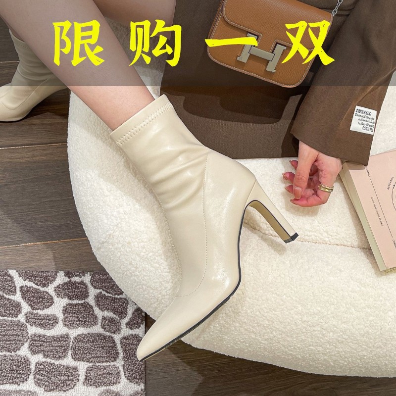 红蜻蜓牌真皮法式高级感尖头瘦瘦短靴女秋单靴2023新款高跟瘦腿