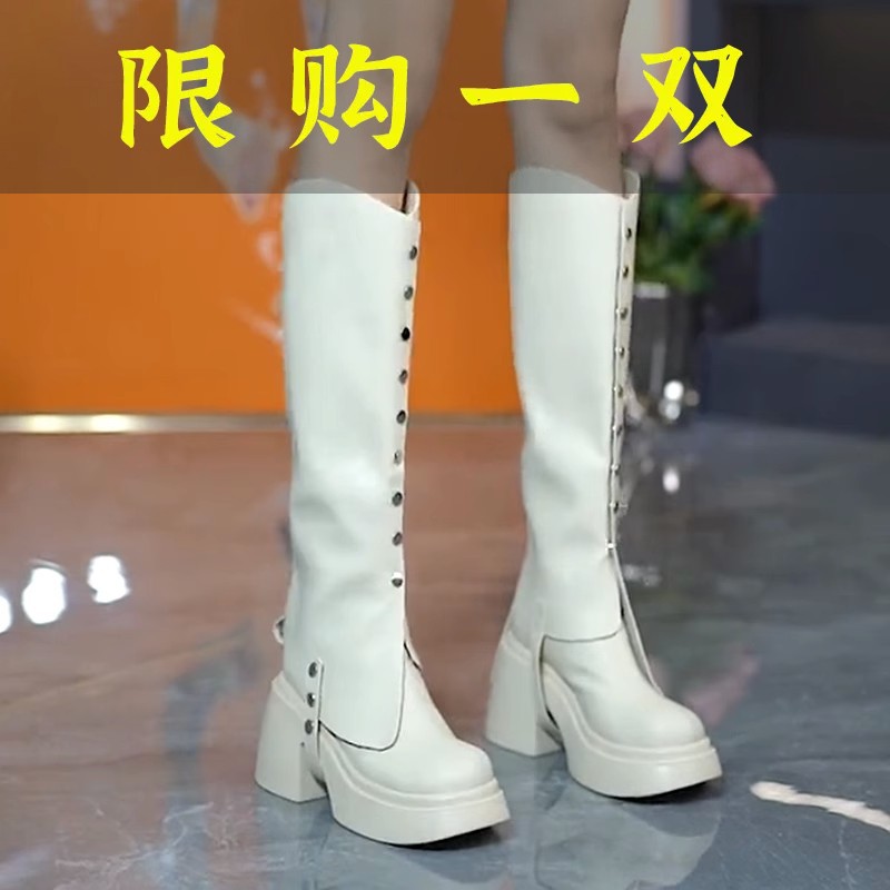 红蜻蜓牌铆钉厚底不过膝长靴女两穿2023秋冬新款高跟圆头粗跟高