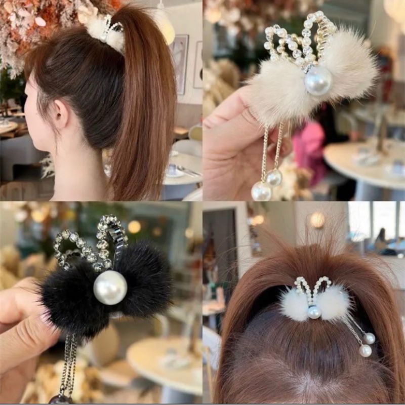 哈韩宅物锌合金布艺发饰小兔耳朵毛毛流苏高马尾抓夹固定神器发夹