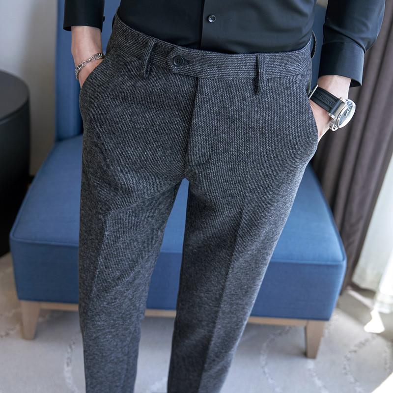 高端羊毛西裤男秋冬加厚男士商务休闲裤修身直筒长裤毛呢抓绒男裤