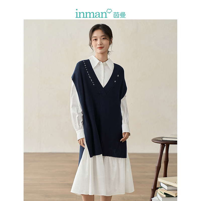 【茵曼女装】茵曼学院风真两件连衣裙套针织马甲套18336200
