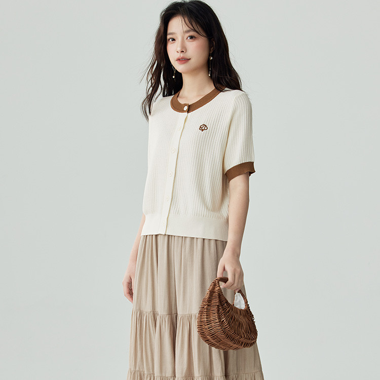 茵曼夏季女毛针织衫上衣开衫新款短袖圆领套头线衫时尚休闲反季